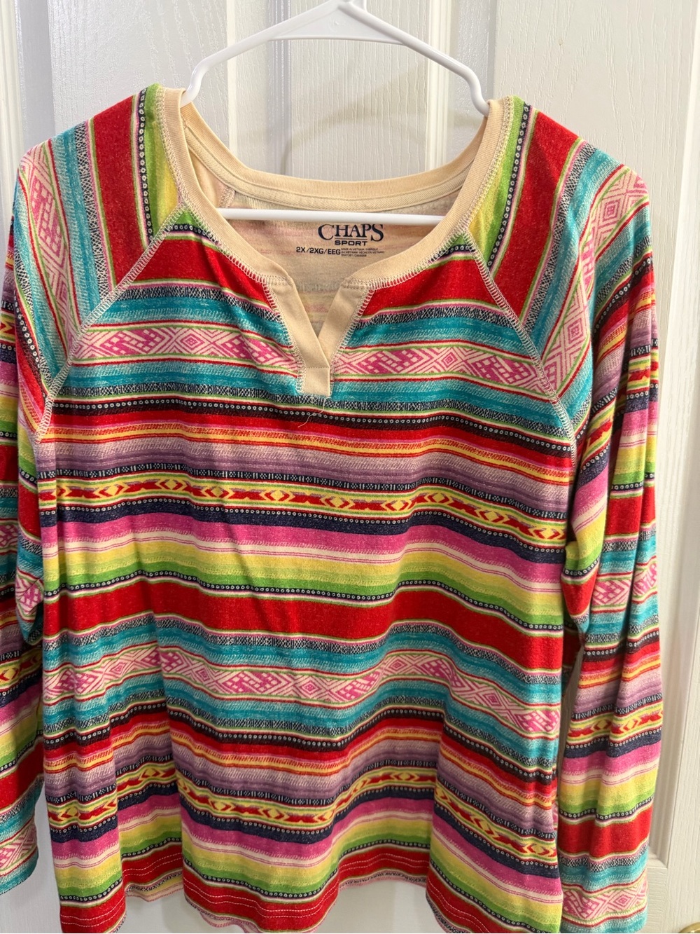 Chaps Multicolor Striped Long Sleeve Henley - Red, Pink, Green, Blue